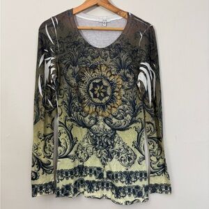 Vintage Cache Knit Baroque Print Top M Gold Black Long Sleeve Stretch
